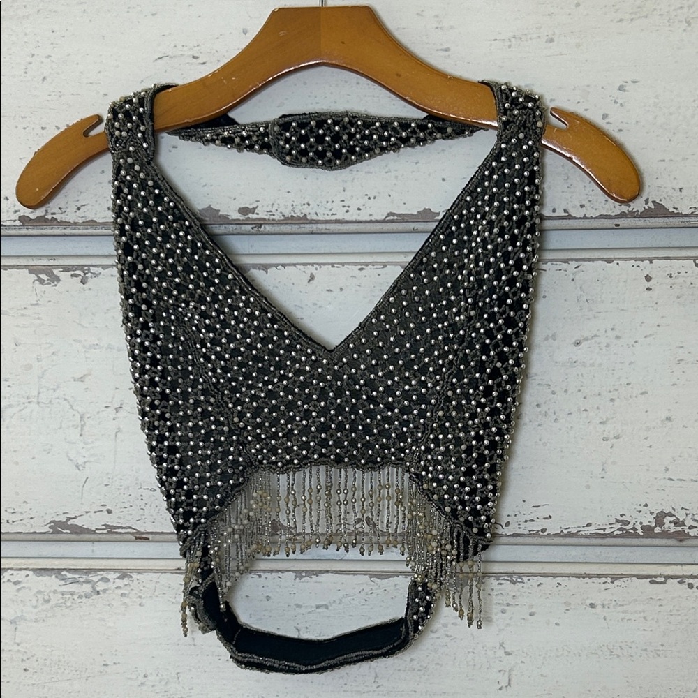 Western A.S.H.I Black Silver Beaded Halter Top Fringe Festival Boho